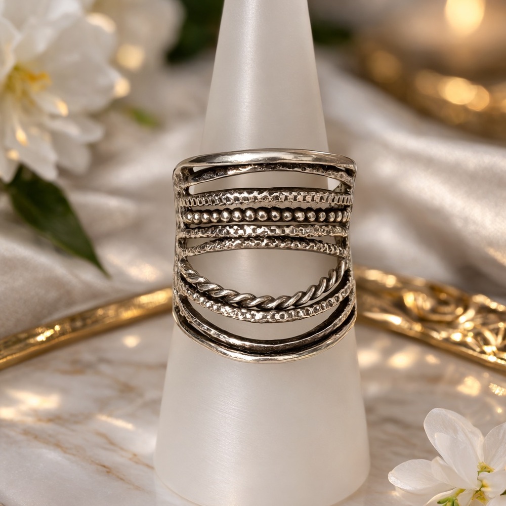 ✨ Vintage 1970s Israeli Sterling Silver Artisan Multi-Band Ring ✨